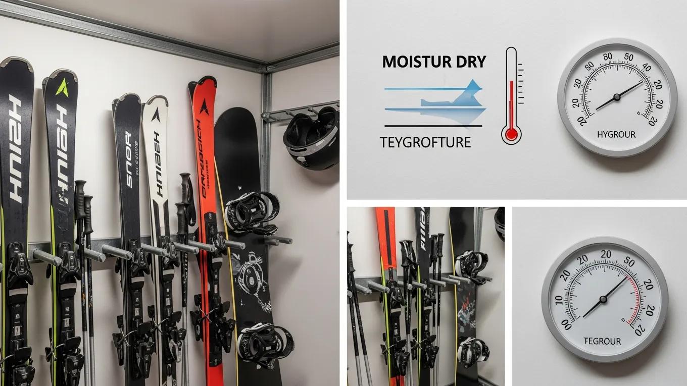 Proper ski storage conditions with skis and snowboards in a climate-controlled environment