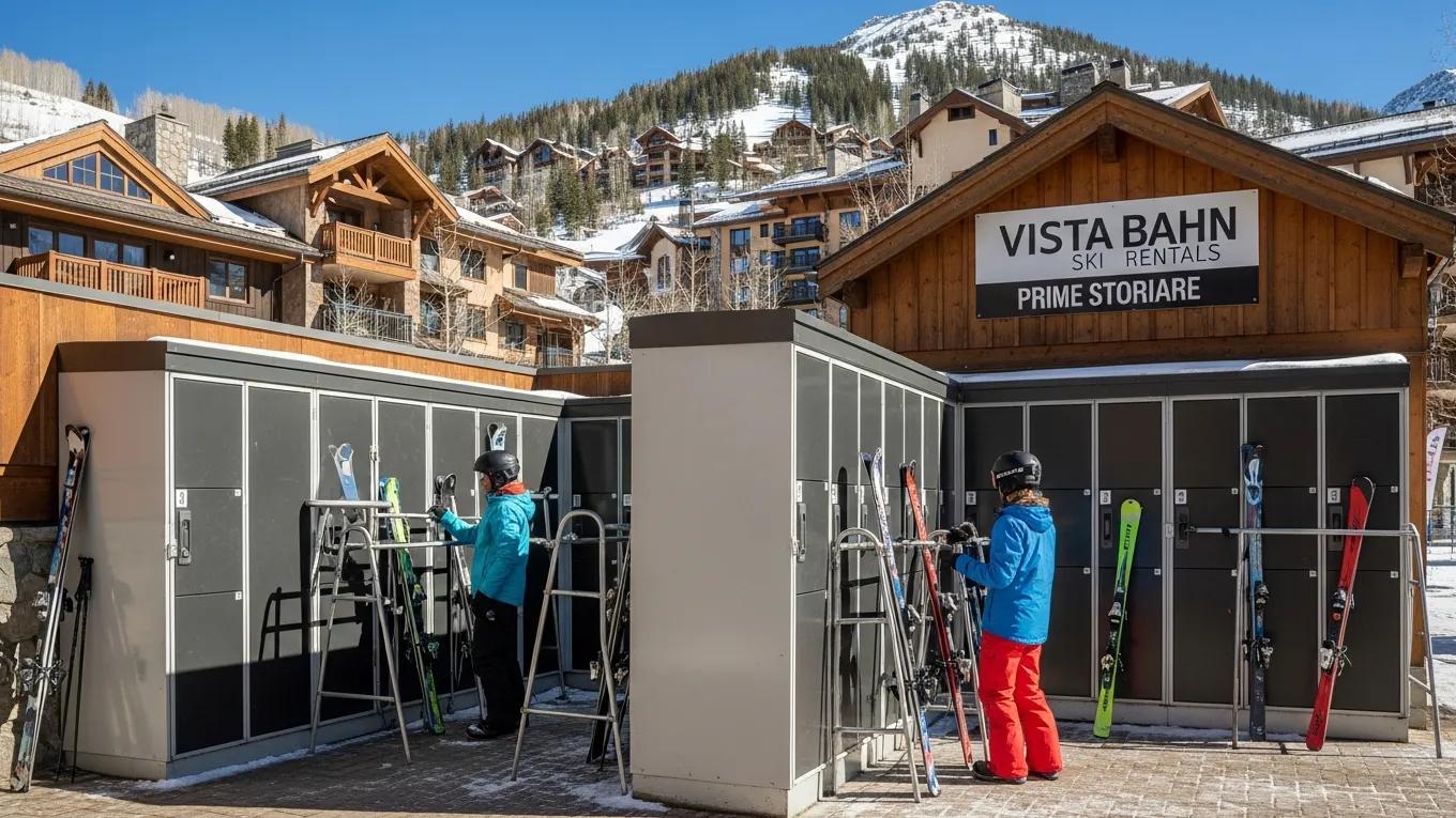 Secure ski storage lockers at Vista Bahn Ski Rentals near Gondola One in Vail